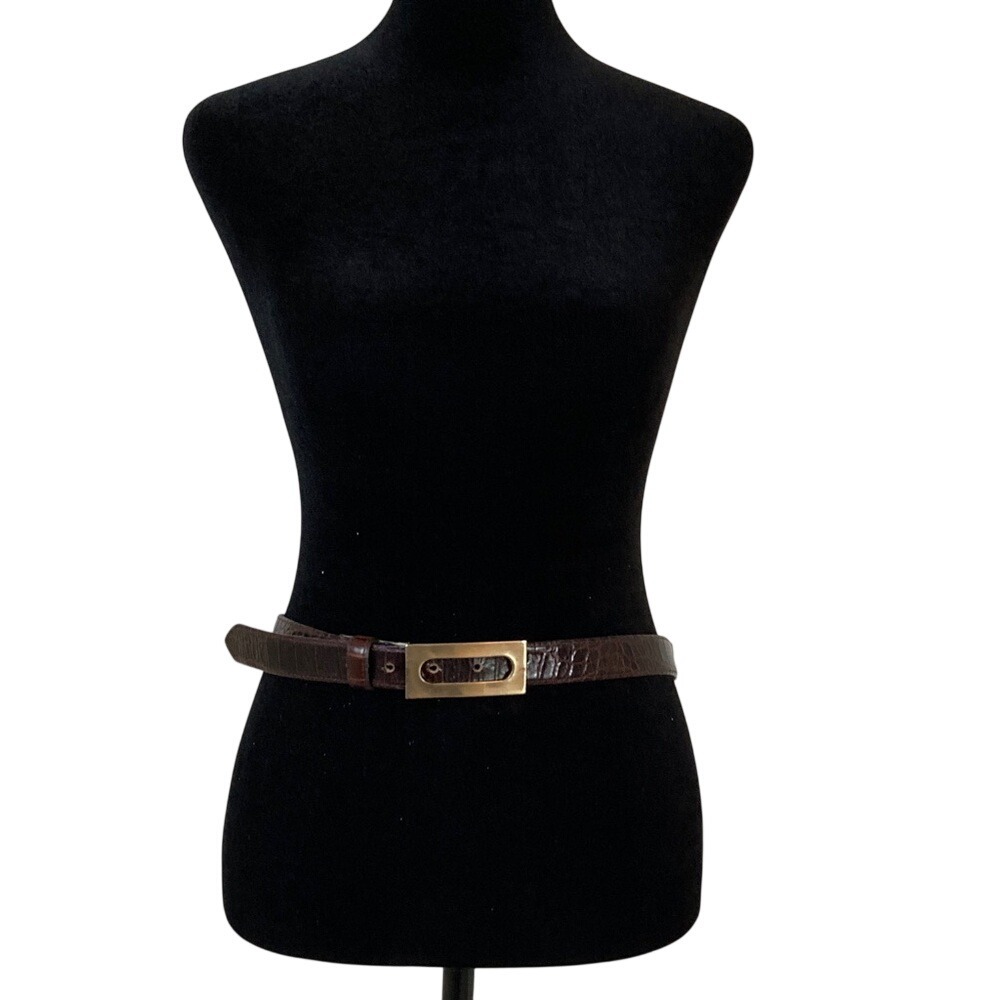VTG Nava Leather Womens Classic Brown Leather Croc Embossed Belt Size M Gold